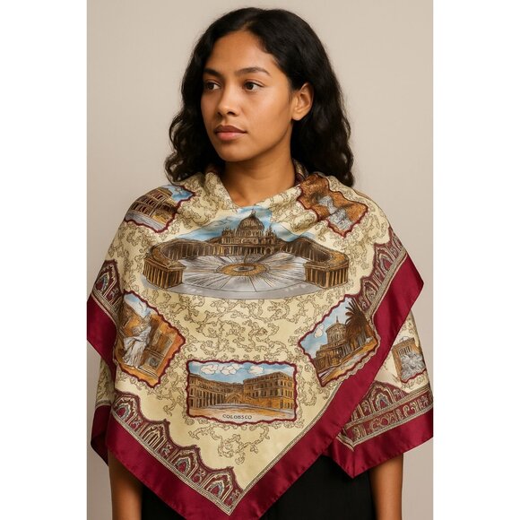 Vintage Rome Italy Souvenir Scarf 38” Square – Landmarks Print Colosseo Vatican - Picture 11 of 11